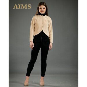 Women’s Beige Embroidered Fleece Cardigan With Button Closure